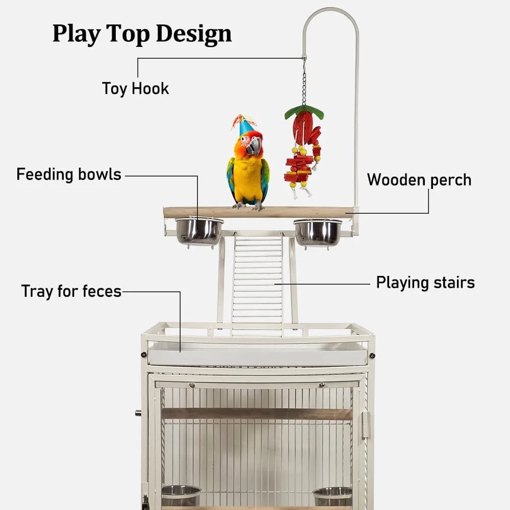 قفس پرنده شفاف با قسمت بازی در بالا، قفس پرنده با 4 چرخ برای مرغ عشق، طوطی، مرغ مینا، قناری و غیره، درب اکریلیک قفس طوطی فولاد ضد زنگ 182 سانتی متر (سفید)