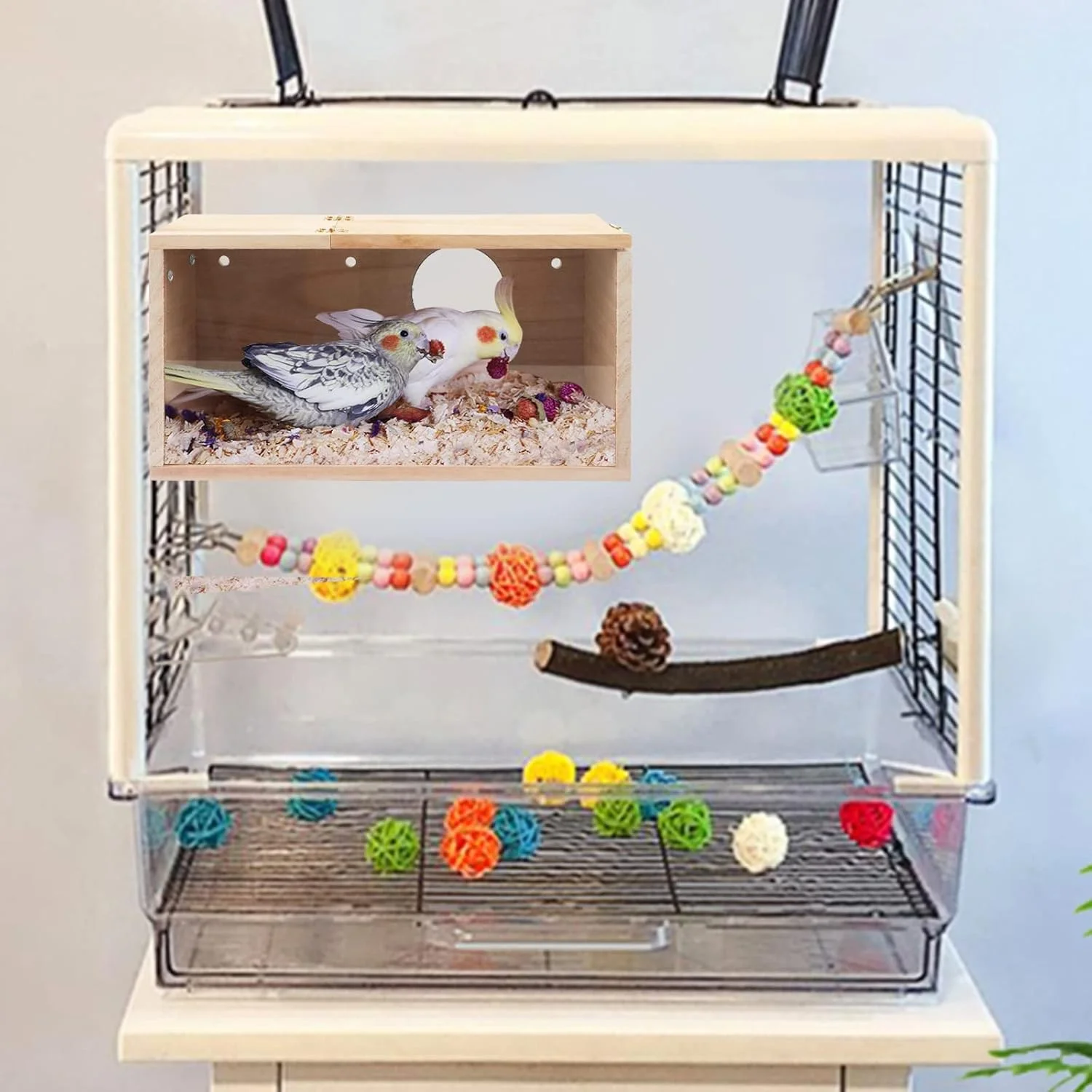 لانه پرنده شفاف TERRIFI، خانه پرنده چوبی طبیعی برای قفس، مناسب برای پرورش طوطی، مرغ عشق، عروس هلندی، باجریگار، کانور و سایر پرندگان کوچک