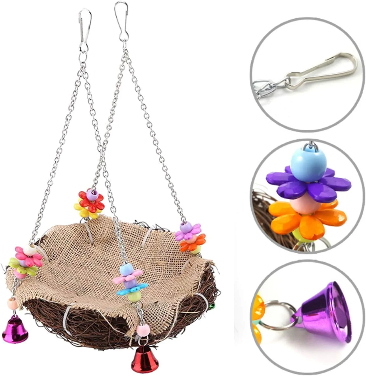 تاب طوطی اهلی، اسباب بازی لانه پرنده حصیری، تاب آویز لانه طوطی با زنگوله، لوازم جانبی قفس پرنده برای کاکادو، مرغ عشق، عروس هلندی، فنچ