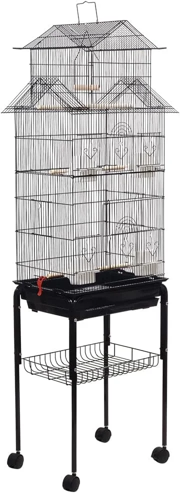 قفس طوطی همراه با پایه، قفسه ذخیره سازی، سینی و چرخ های غلتکی، قفس پرنده 165 سانتی متری برای استفاده در داخل و خارج از منزل، طراحی خانه پرنده با میله های نشیمن، تاب و فنجان های غذاخوری، مناسب برای پرندگان کوچک تا متوسط (مشکی)