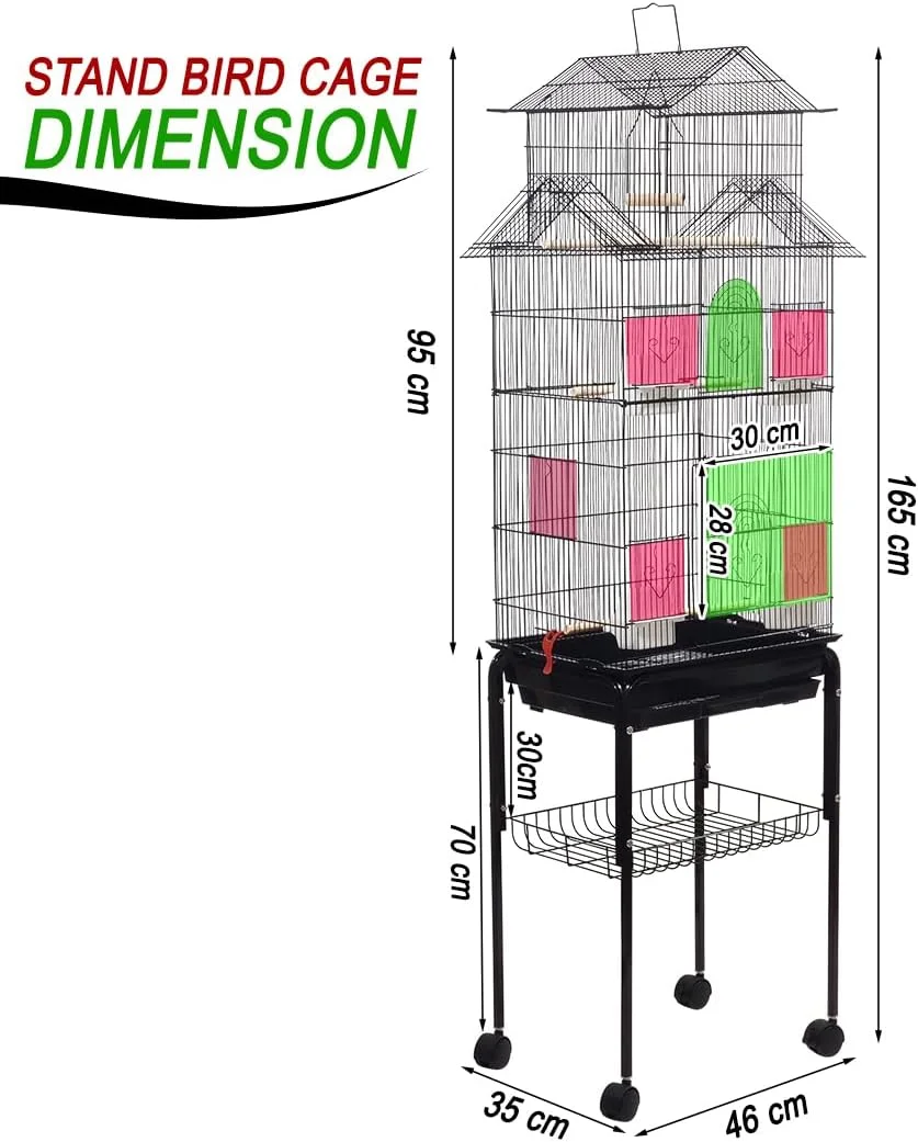 قفس طوطی همراه با پایه، قفسه ذخیره سازی، سینی و چرخ های غلتکی، قفس پرنده 165 سانتی متری برای استفاده در داخل و خارج از منزل، طراحی خانه پرنده با میله های نشیمن، تاب و فنجان های غذاخوری، مناسب برای پرندگان کوچک تا متوسط (مشکی)