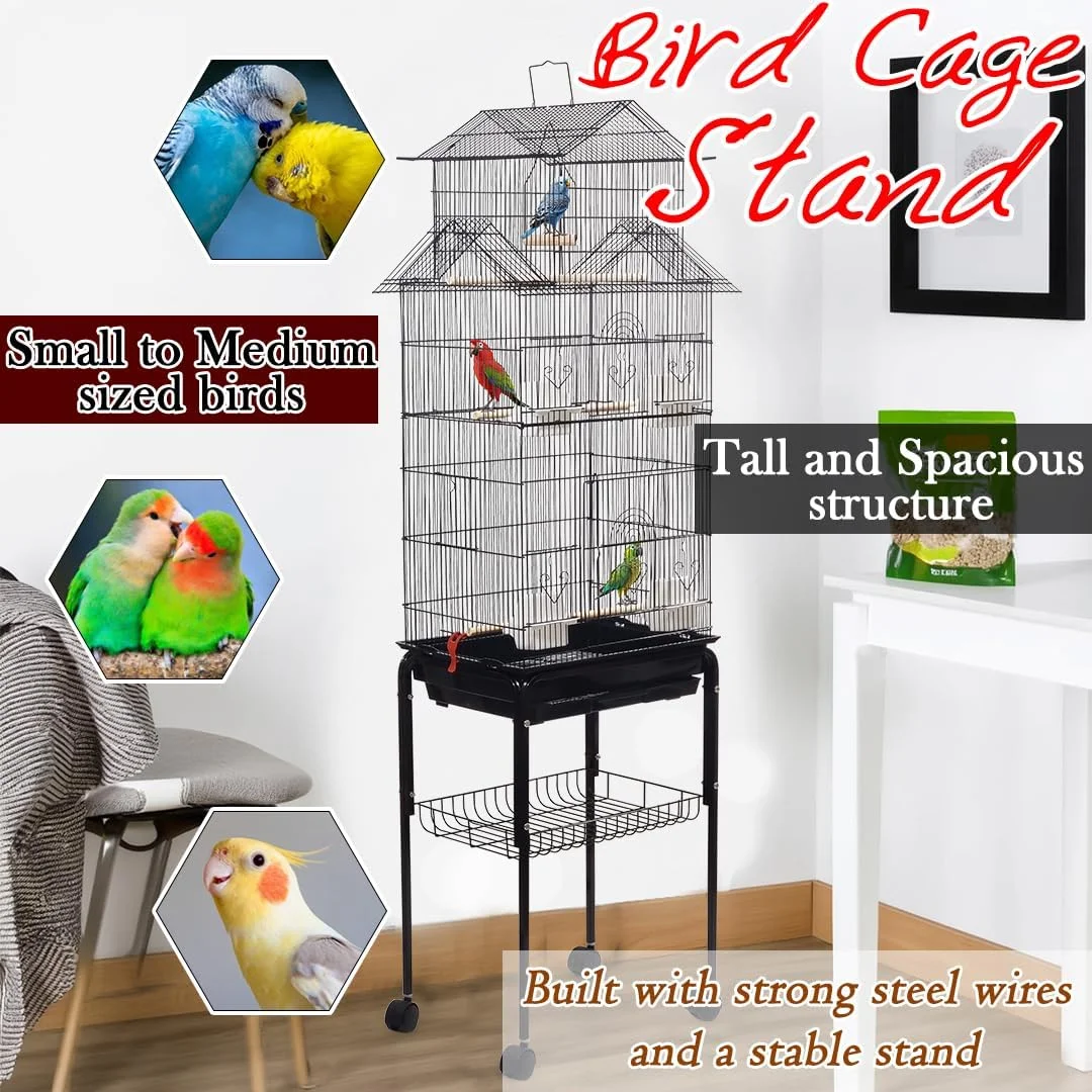 قفس طوطی همراه با پایه، قفسه ذخیره سازی، سینی و چرخ های غلتکی، قفس پرنده 165 سانتی متری برای استفاده در داخل و خارج از منزل، طراحی خانه پرنده با میله های نشیمن، تاب و فنجان های غذاخوری، مناسب برای پرندگان کوچک تا متوسط (مشکی)
