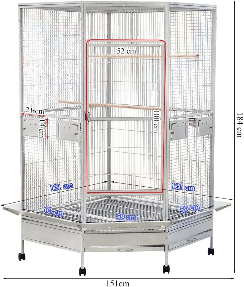 قفس پرنده گوشه ای فوق العاده بزرگ با میله های چوبی، کاسه های غذای استیل ضد زنگ، سینی کشویی و چرخ های جهانی، قفس پرنده فلزی سنگین برای طوطی ها، مرغ عشق ها و ماکائوها، 184 سانتی متر (خاکستری)