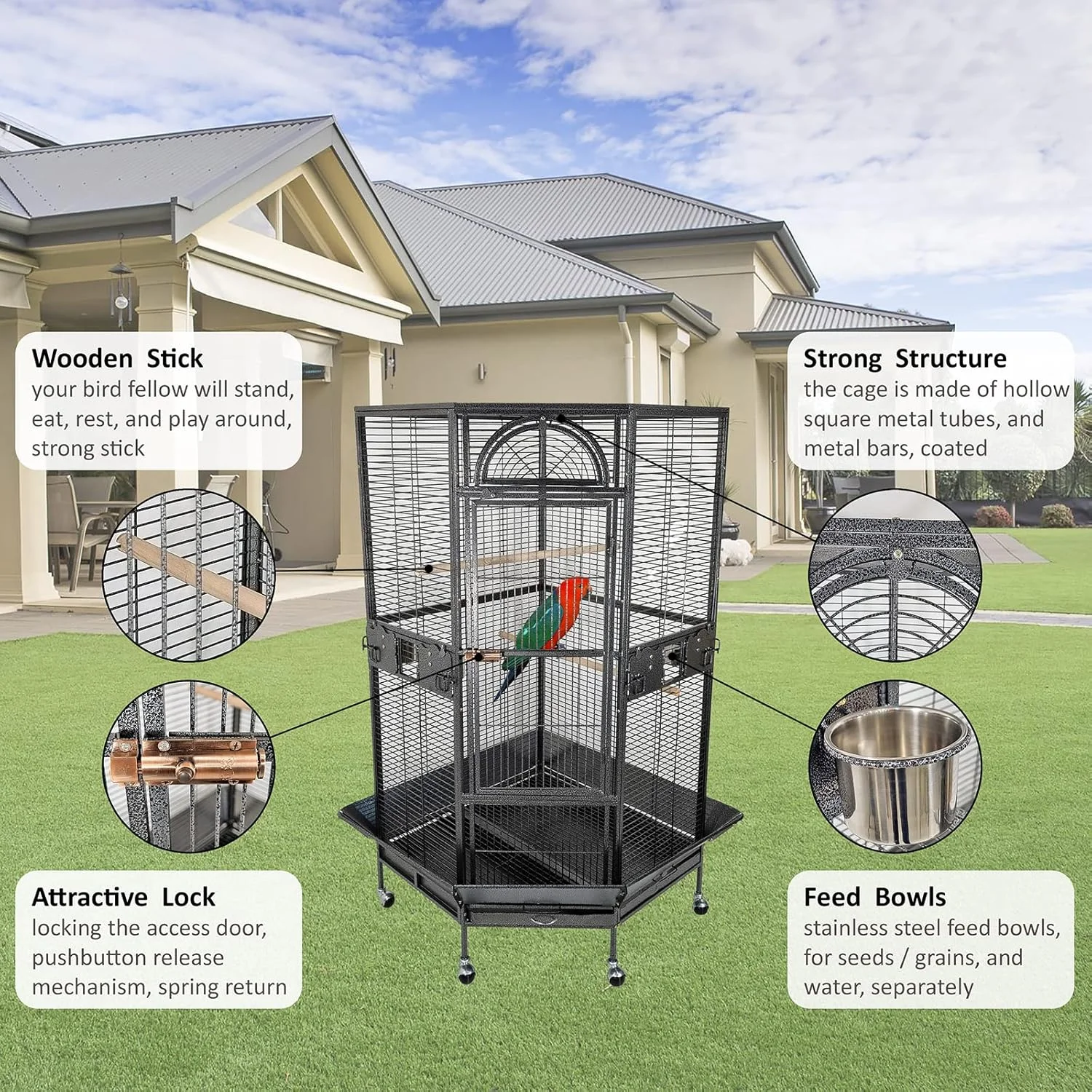 قفس پرنده با میله چوبی، کاسه های غذای استیل ضد زنگ، سینی جداشدنی و چرخ های جهانی، قفس پرنده با طراحی شش ضلعی، ایده آل برای طوطی ها، ماکائو ها و سایر پرندگان بزرگ 162 سانتی متر (مشکی)