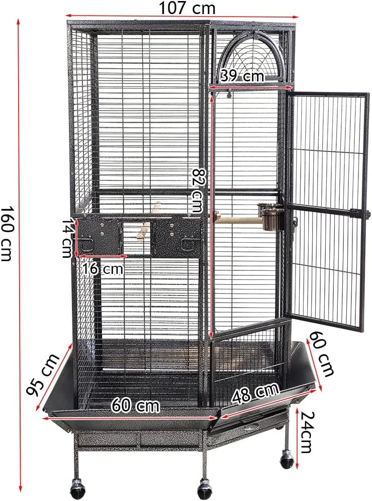 قفس بزرگ با سینی جداشدنی، کاسه های استیل ضد زنگ و میله نشیمن، قفس پرنده بزرگ 160 سانتی متری برای استفاده در داخل و خارج از منزل، قفس پرنده سنگین با چرخ، تمیز کردن آسان، ایده آل برای پرندگان متوسط ​​تا بزرگ (خاکستری)