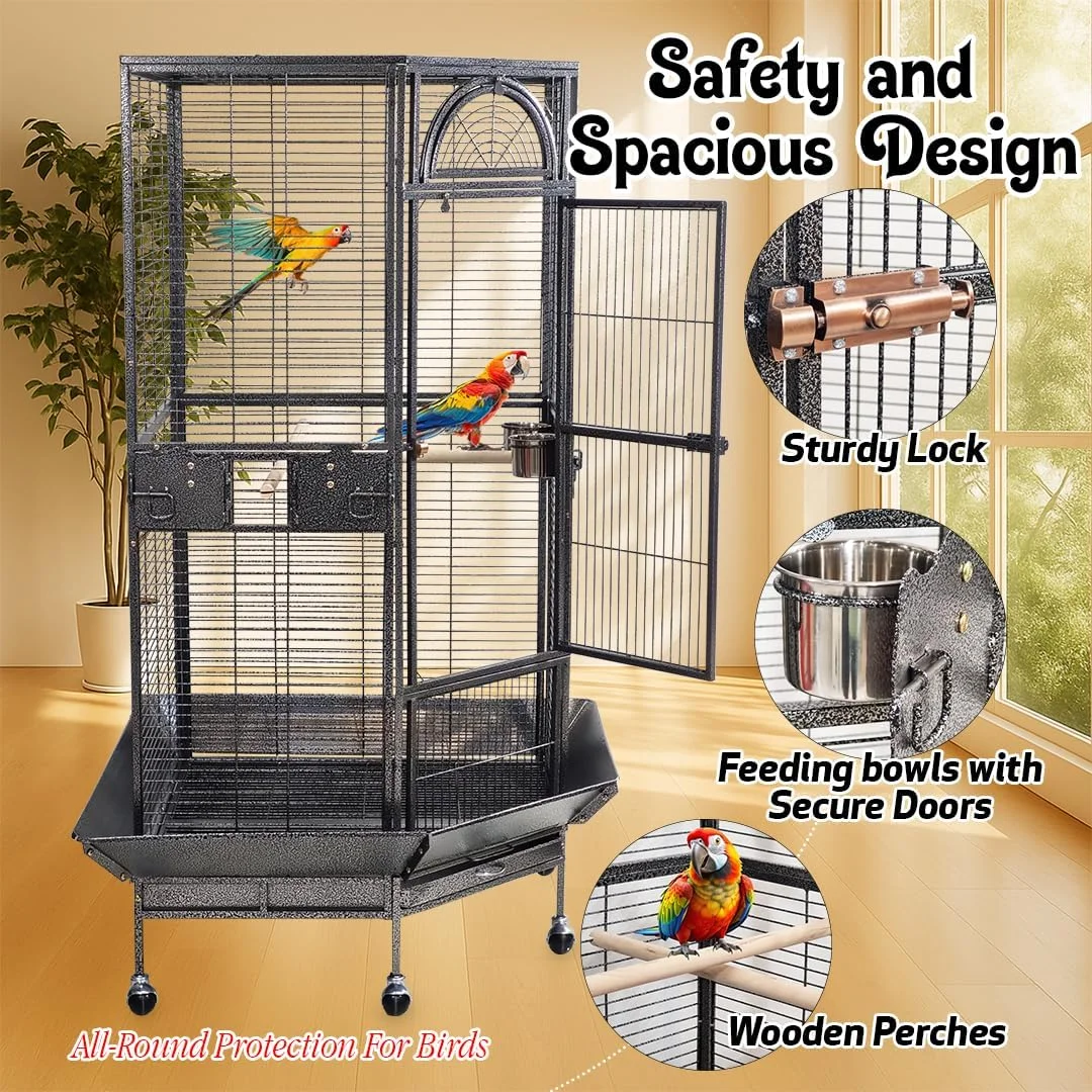 قفس بزرگ با سینی جداشدنی، کاسه های استیل ضد زنگ و میله نشیمن، قفس پرنده بزرگ 160 سانتی متری برای استفاده در داخل و خارج از منزل، قفس پرنده سنگین با چرخ، تمیز کردن آسان، ایده آل برای پرندگان متوسط ​​تا بزرگ (خاکستری)