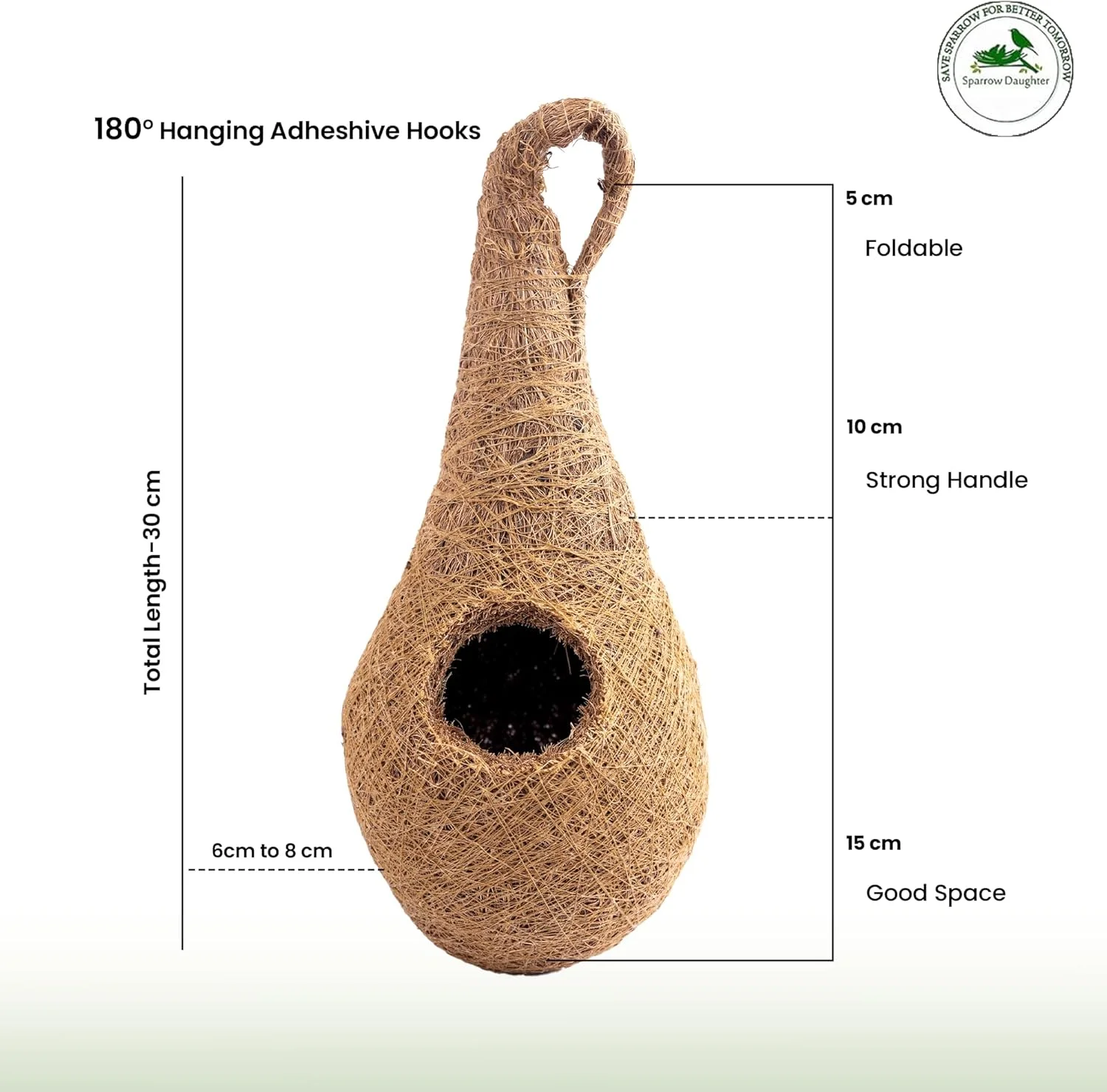 لانه آویز پرنده نارگیلی Sparrow Daughter، خانه پرنده گرد ارگانیک برای بالکن فضای باز، درخت، نصب روی دیوار برای گنجشک/پرندگان کوچک، (بسته 2 عددی)