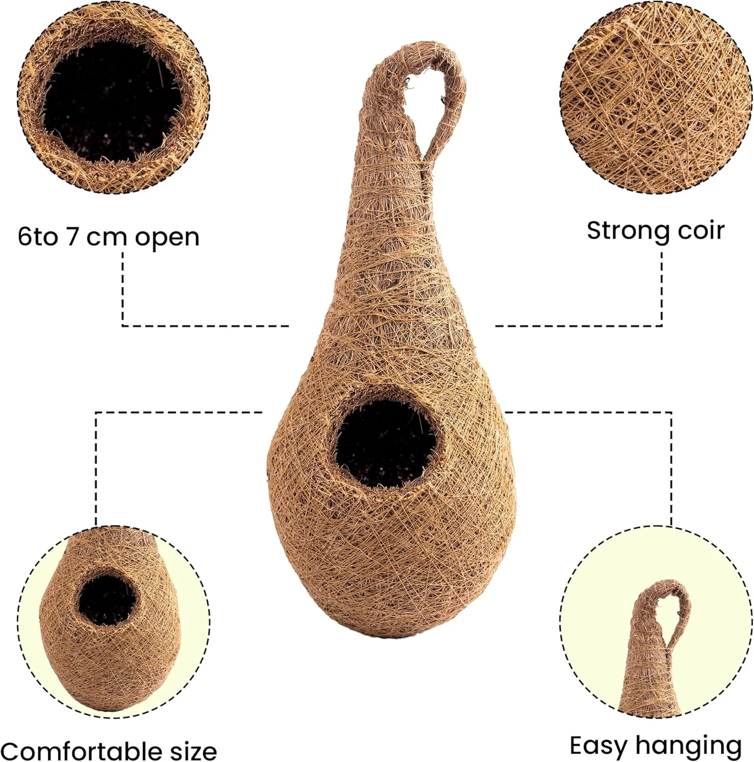 لانه آویز پرنده نارگیلی Sparrow Daughter، خانه پرنده گرد ارگانیک برای بالکن فضای باز، درخت، نصب روی دیوار برای گنجشک/پرندگان کوچک، (بسته 2 عددی)