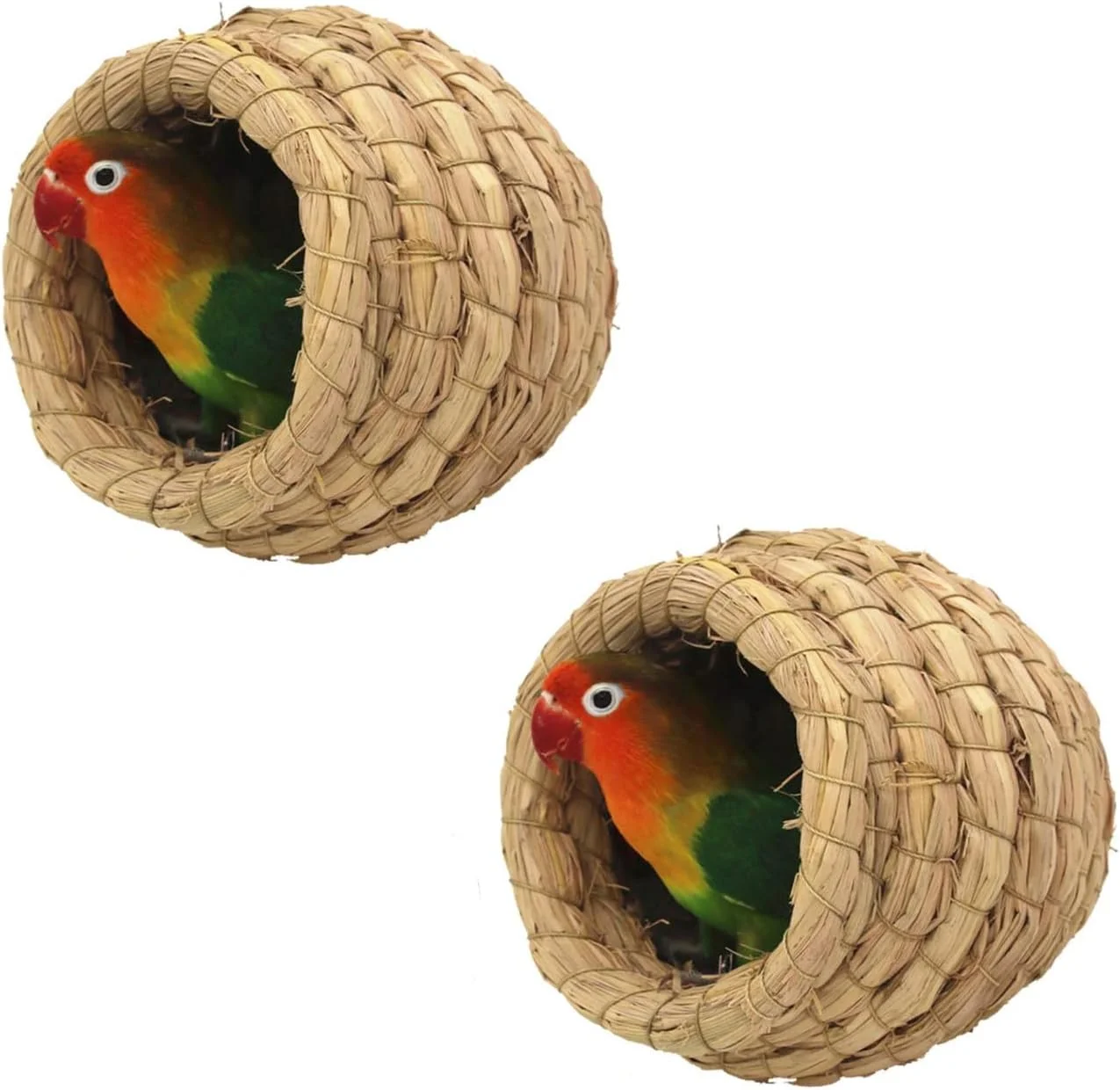 بسته 2 عددی لانه پرنده حصیری دستباف SKEIDO، 12 در 13 سانتی متر، با بند، لانه پرنده طبیعی حصیری دست ساز، خانه پرنده شبیه سازی شده از الیاف طبیعی (قهوه ای)