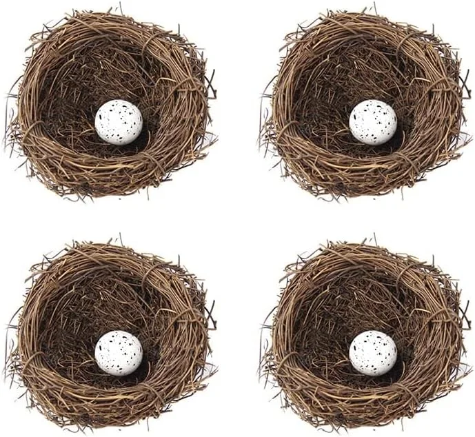 ست 4 عددی لانه پرنده با تخم بلدرچین مصنوعی - لانه پرنده مصنوعی حصیری برای میز خانه، دکور باغ - تخم پرنده فوم مصنوعی خالدار برای مهمانی عروسی آشپزخانه