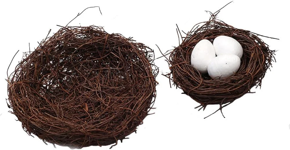 ست 4 عددی لانه پرنده با تخم بلدرچین مصنوعی - لانه پرنده مصنوعی حصیری برای میز خانه، دکور باغ - تخم پرنده فوم مصنوعی خالدار برای مهمانی عروسی آشپزخانه