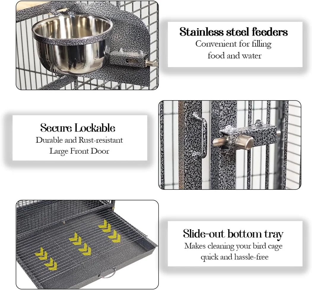 ویلا بزرگ پرنده با پایه چرخ دار، سینی جداشدنی، سیم فلزی و مناسب برای استفاده در داخل و خارج از خانه، مقاوم در برابر زنگ زدگی، قفس طوطی 205 با قسمت بازی در بالا، فنجان های غذا، میله های نشیمن، قفسه توری و اسباب بازی آویز (مشکی)