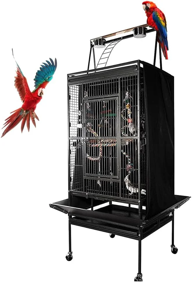 قفس بزرگ پرنده با روکش مشکی، ویلای پرنده با پایه چرخ دار، قفس مناسب برای طوطی، چینچیلا، فنچ، ویلای پرنده، مناسب برای ماکائو، کانور، کاکتیل، کاکادو، خانه حیوانات خانگی، قفس پرنده از جنس آهن فرفورژه، مشکی (172 سانتی متر)