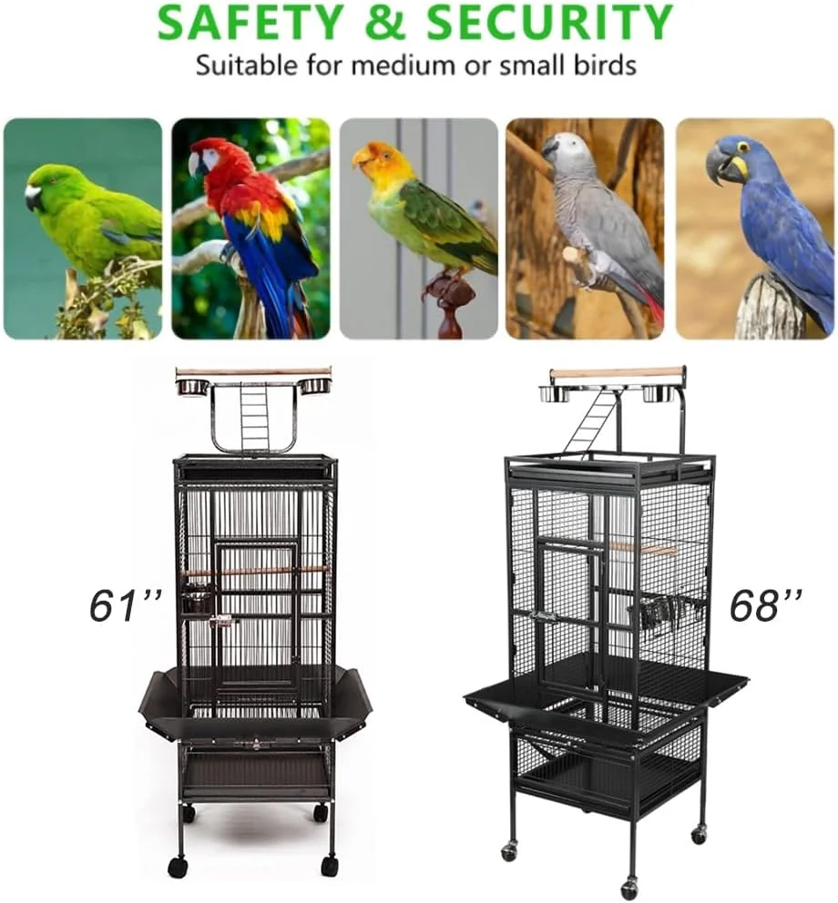 قفس بزرگ پرنده با روکش مشکی، ویلای پرنده با پایه چرخ دار، قفس مناسب برای طوطی، چینچیلا، فنچ، ویلای پرنده، مناسب برای ماکائو، کانور، کاکتیل، کاکادو، خانه حیوانات خانگی، قفس پرنده از جنس آهن فرفورژه، مشکی (172 سانتی متر)