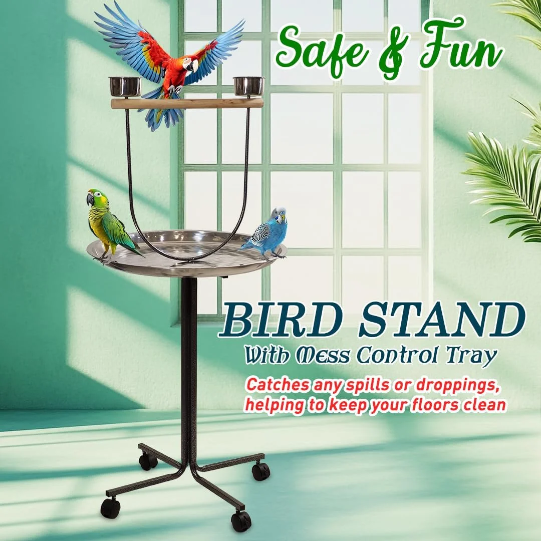 پایه بازی طوطی با چرخ های غلتکی، ایده آل برای پرندگان متوسط ​​تا بزرگ، استفاده در فضای داخلی و خارجی، تماشا و بازی تعاملی، پایه پرنده 130 سانتی متری با سینی جمع آوری ضایعات، کاسه های غذا و میله نشیمن، قابل حمل (خاکستری)