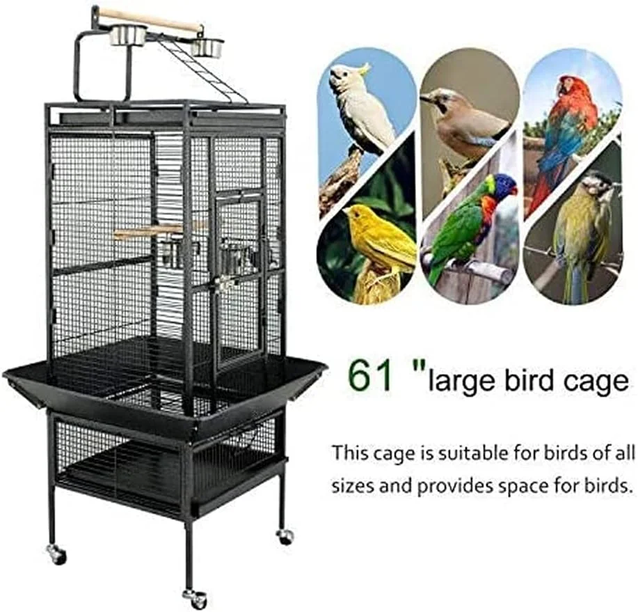 قفس بزرگ پرنده Ricjurzzty با پایه چرخ دار، مناسب برای طوطی، چینچیلا، فنچ، ویلای پرنده، ماکائو، کانور، کاکتیل، کاکاتو، خانه حیوانات خانگی، قفس پرنده آهنی، مشکی، 65x65x154 سانتی متر