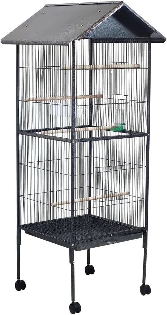 قفس بزرگ فلزی پرنده با پایه چرخ دار و سینی جداشدنی | ویلای خانه پرنده 160 سانتی متری با طراحی سقف، فنجان های غذا، نردبان و قفسه ذخیره سازی | قفس طوطی برای پرندگان کوچک تا متوسط (مشکی)