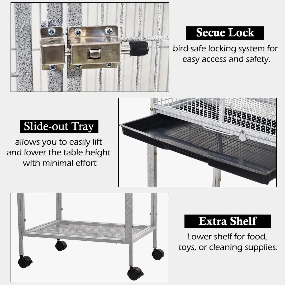 قفس پرنده فلزی با سینی زیرین، پایه چرخ دار، 155 سانتی متر قفس داخلی و خارجی برای مرغ عشق، قفس بزرگ پرنده با قسمت بالایی بازی، قفسه ذخیره سازی، میله نشیمن و کاسه های غذا، تمیز کردن آسان (خاکستری)