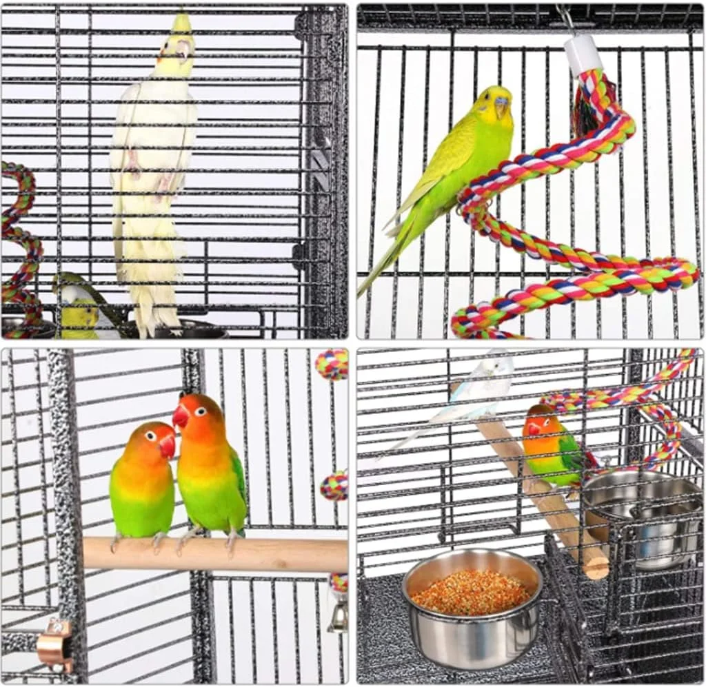 قفس بزرگ پرنده Ricjurzzty با پایه چرخ دار، مناسب برای طوطی، چینچیلا، فنچ، ویلای پرنده، ماکائو، کانور، کاکتیل، کاکاتو، خانه حیوانات خانگی، قفس پرنده آهنی، مشکی، 65x65x154 سانتی متر