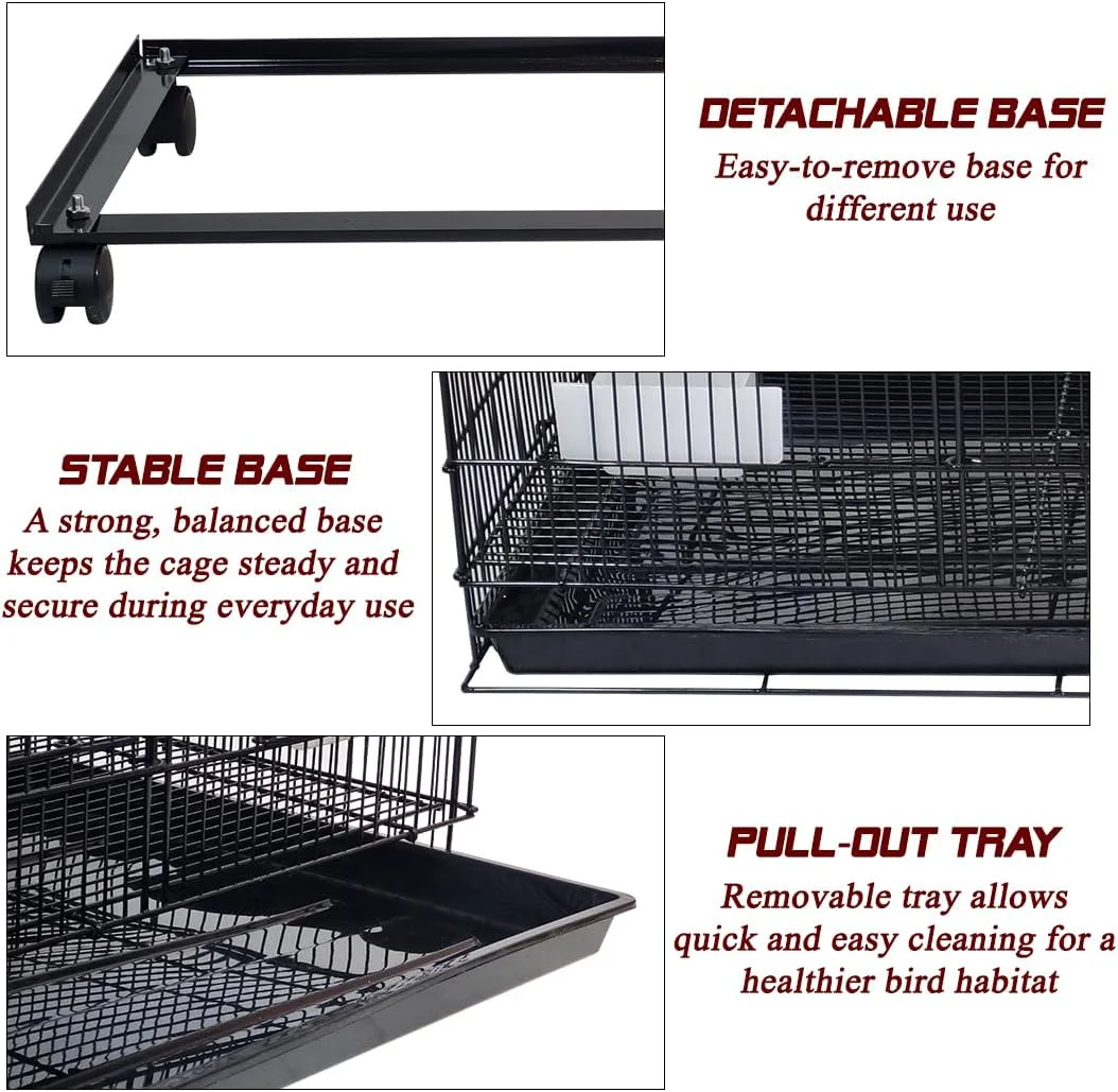 قفس پرنده ۱۴۰ سانتی متری با پایه جداشدنی و چرخ، قفس طوطی چند طبقه با کاسه های غذا، میله های نشیمن، درهای دسترسی متعدد و سینی جداشدنی، قفس داخلی-خارجی برای پرندگان کوچک تا متوسط (مشکی)