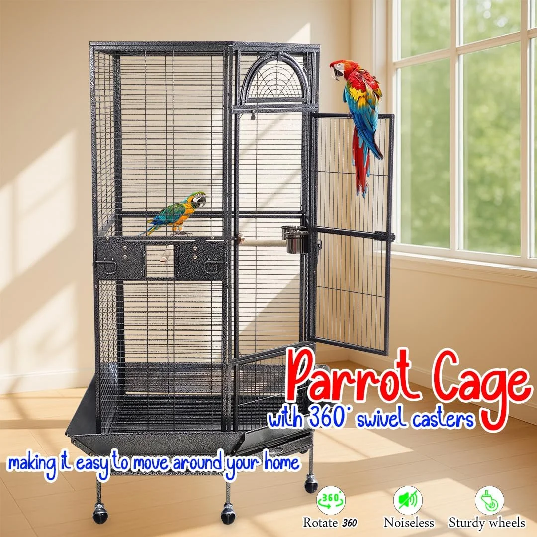قفس بزرگ فلزی پرنده با سینی متحرک و چرخ دار، 160 سانتی متر، قفس سنگین با درب جلویی بزرگ، کاسه های غذا و میله نشیمن، ایده آل برای طوطی آمازون، کاسکو و پرندگان متوسط تا بزرگ (خاکستری)