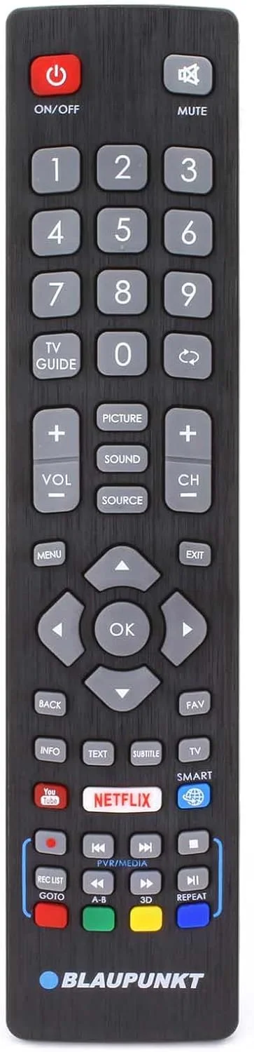 ریموت کنترل تلویزیون اصلی 121AV مدل BLF/RMC/0008 مناسب برای تلویزیون های Blaupunkt مدل های 32-138MXN 40-148MXN 43-134MXN 50-405V 43/134M-GB-11B-FEGUX 32-138M-GB-11B4-EGDPX-UK 49-148M-GB-11B-FEGPX-UK BLF/RMC/0009 فول اچ دی LED