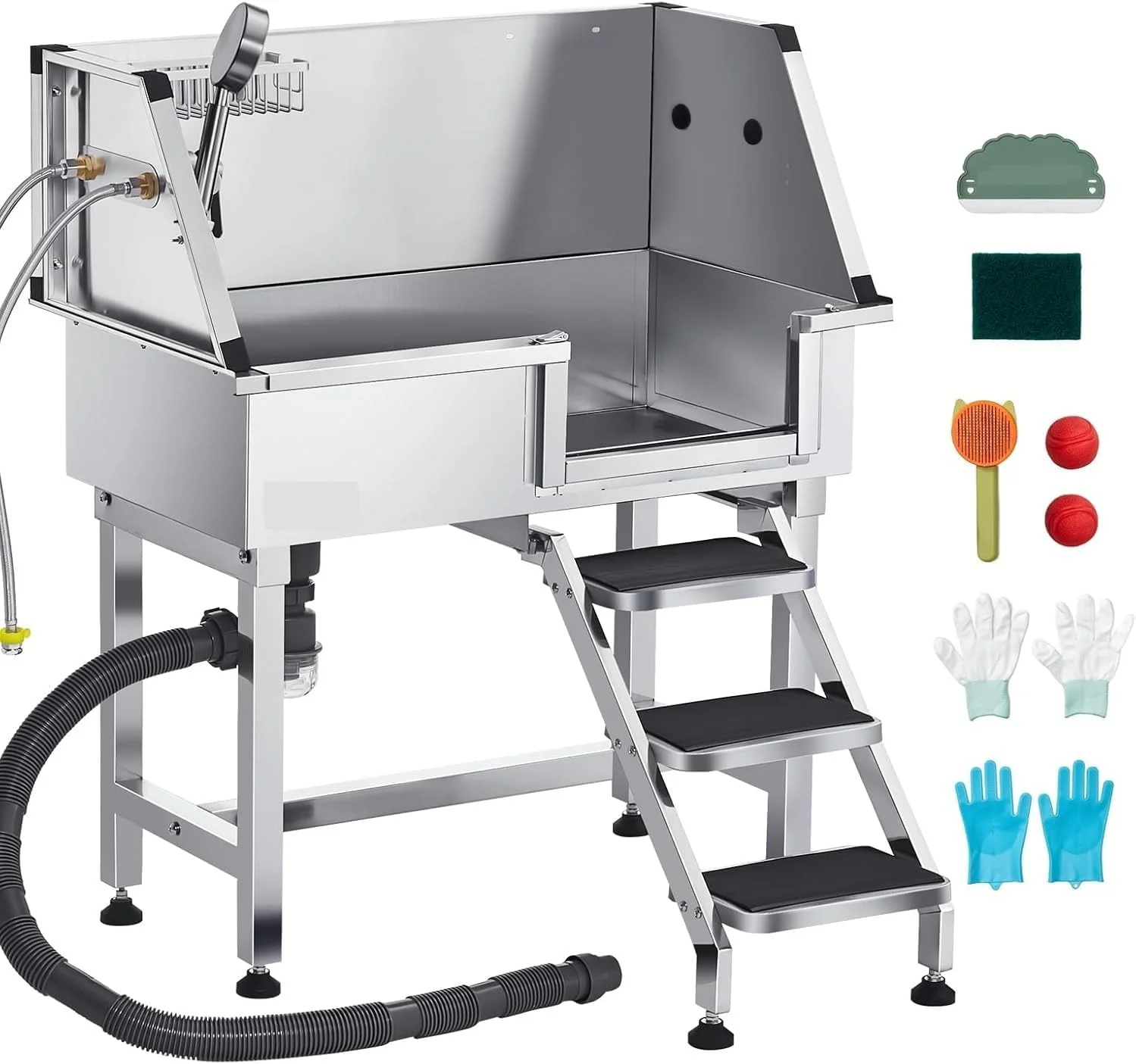 یک زمین بازی پرنده قابل اعتماد ایستگاه حمام سگ استیل ضد زنگ بادوام با راه پله ذخیره سازی، شیر آب، سر دوش و قفسه صابون، وان حمام سگ مصنوعی، مناسب برای حیوانات خانگی کوچک و متوسط