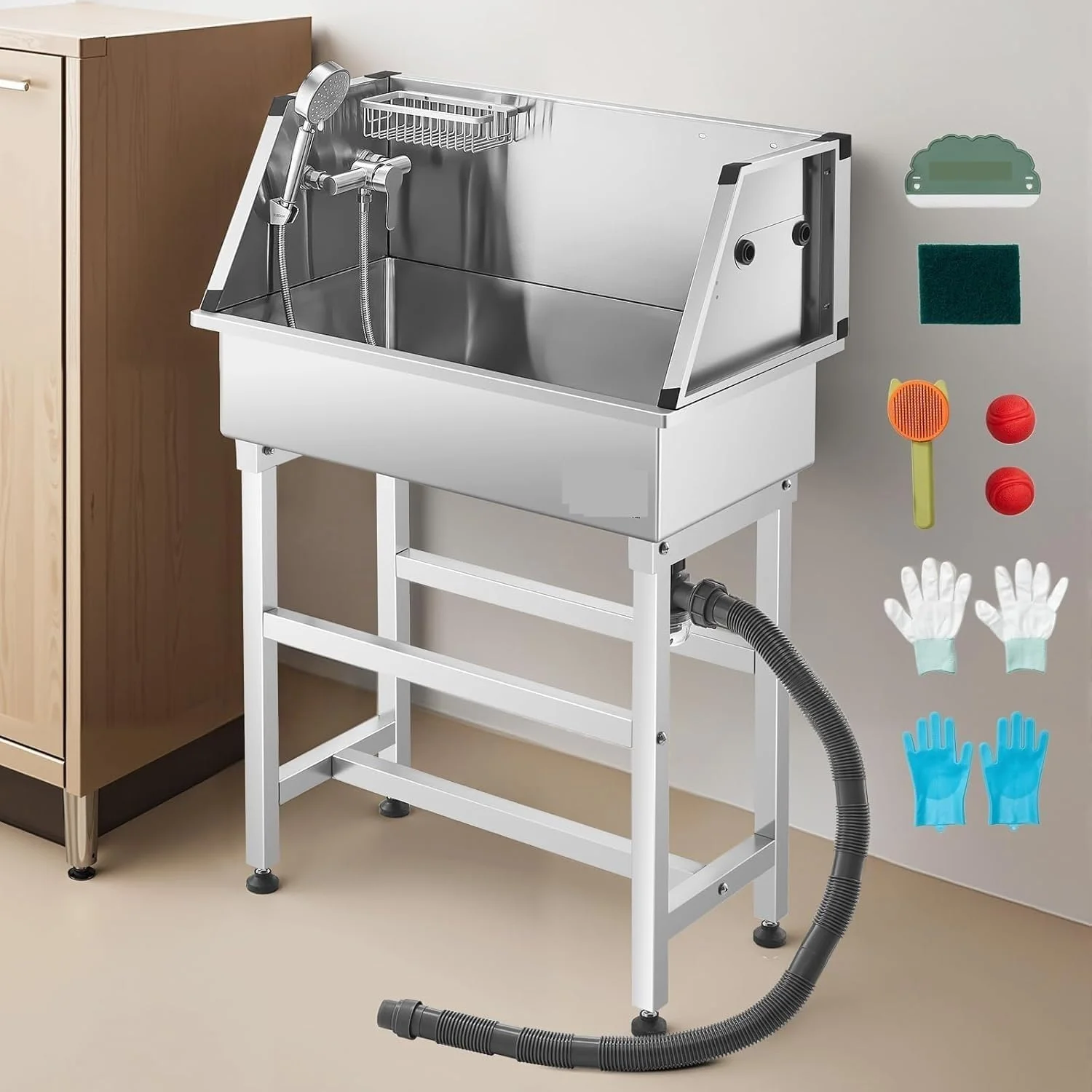 یک زمین بازی پرنده قابل اعتماد ایستگاه حمام سگ استیل ضد زنگ بادوام با راه پله ذخیره سازی، شیر آب، سر دوش و قفسه صابون، وان حمام سگ مصنوعی، مناسب برای حیوانات خانگی کوچک و متوسط