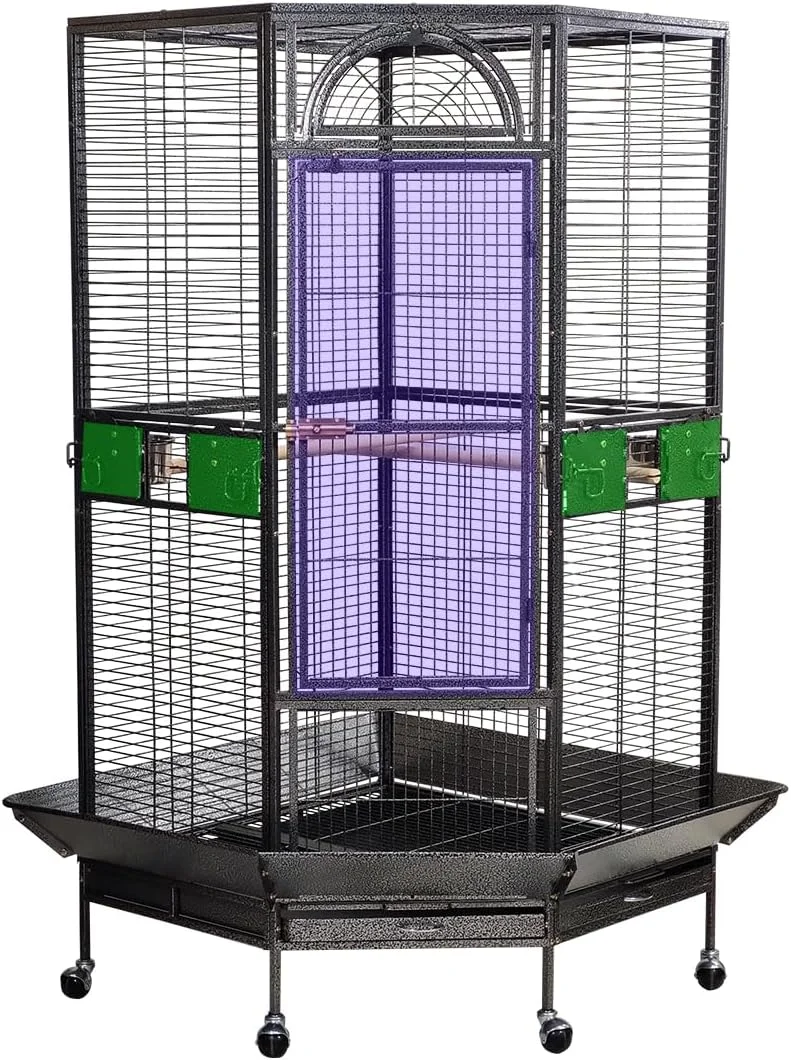 قفس طوطی 160 سانتی‌متری برای چند پرنده، قفس فلزی با چرخ‌های غلتان، درب بزرگ جلو، سینی و کاسه، قفس داخلی-خارجی با میله نشیمن، تمیز کردن آسان و ایده آل برای پرندگان متوسط ​​تا بزرگ (خاکستری)