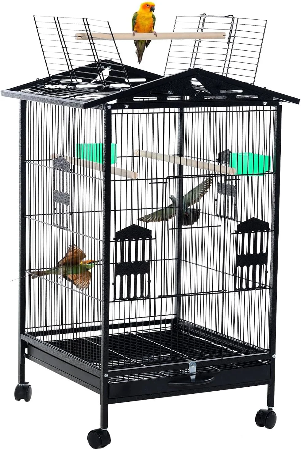 قفس بزرگ پرنده، قفس طوطی، قفس فلزی پرواز پهن برای مرغ عشق، پاراکیت، کانور با پایه چرخ دار