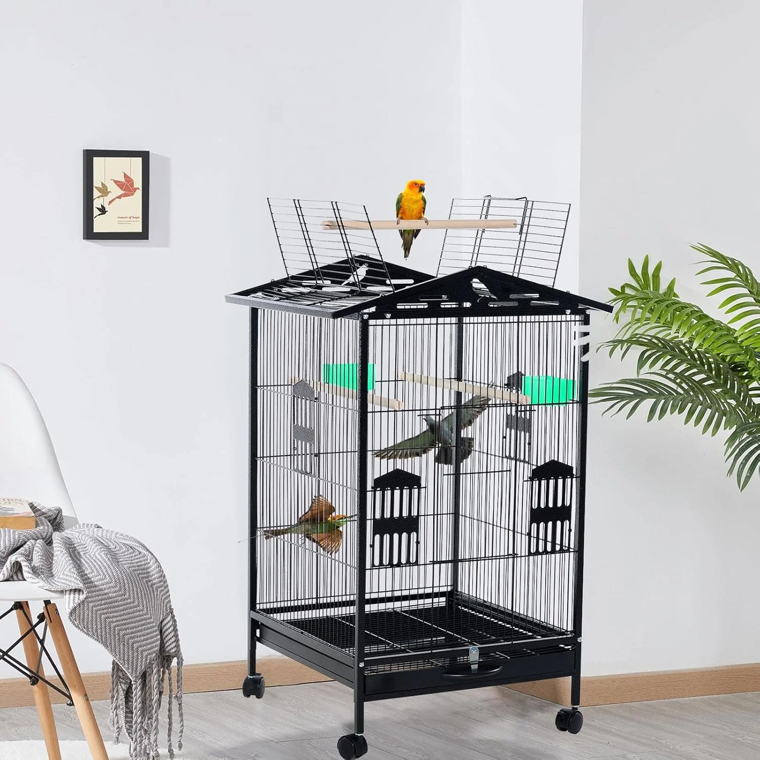 قفس بزرگ پرنده، قفس طوطی، قفس فلزی پرواز پهن برای مرغ عشق، پاراکیت، کانور با پایه چرخ دار
