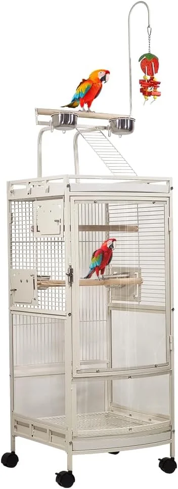قفس پرنده برای طوطی و مرغ عشق، قفس پرنده فولادی سنگین با درب اکریلیک، قسمت بازی در بالا، نشیمنگاه چوبی، کاسه غذا، سینی کشویی و چرخ های جهانی، مونتاژ آسان، 182 سانتی متر (سفید)