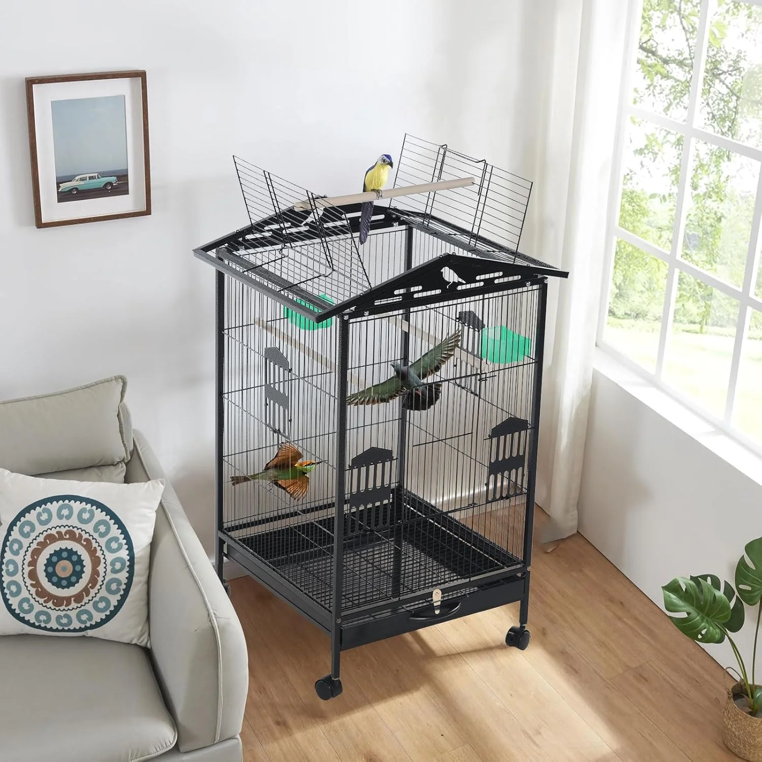 قفس بزرگ پرنده، قفس طوطی، قفس فلزی پرواز پهن برای مرغ عشق، پاراکیت، کانور با پایه چرخ دار