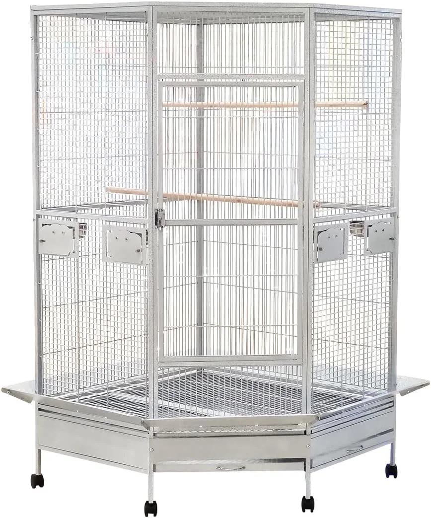 قفس بزرگ پرنده برای طوطی، مرغ عشق و ماکائو، قفس پرنده فلزی جادار با میله چوبی برای ایستادن، کاسه های غذا، سینی جداشدنی و چرخ های جهانی 184 سانتی متر (خاکستری)