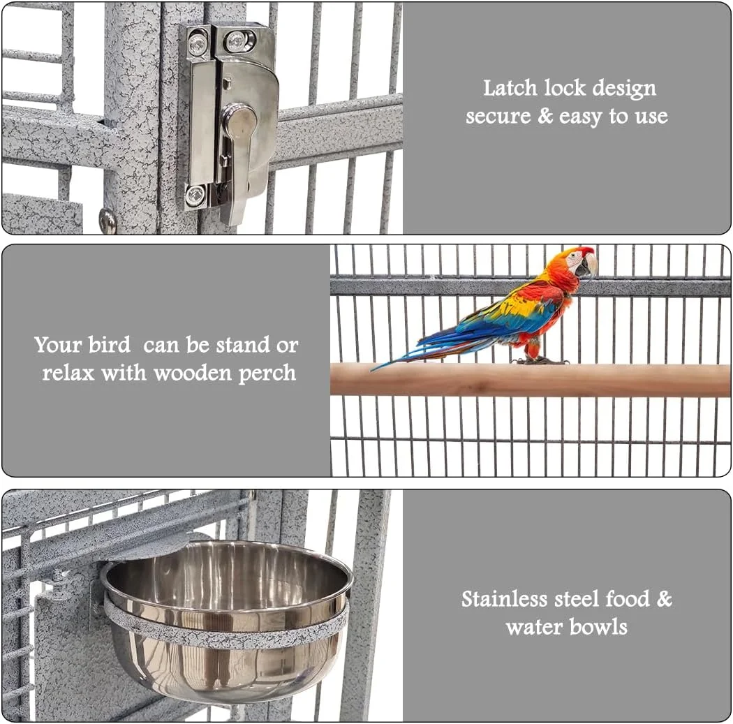 قفس بزرگ پرنده برای طوطی، مرغ عشق و ماکائو، قفس پرنده فلزی جادار با میله چوبی برای ایستادن، کاسه های غذا، سینی جداشدنی و چرخ های جهانی 184 سانتی متر (خاکستری)