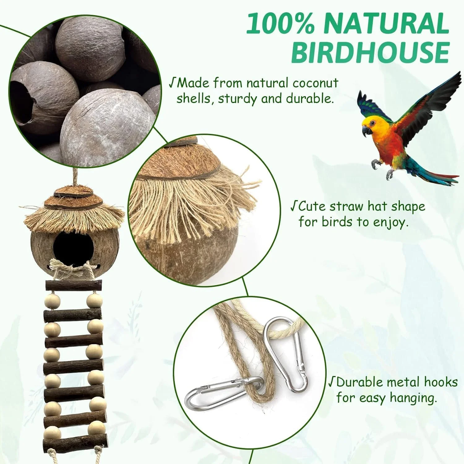 خانه پرنده، لانه آویز پوسته نارگیل با نردبان، اسباب بازی قفس طوطی طبیعی برای مرغ عشق، فنچ، قناری، پرندگان کوچک، لوازم جانبی تاب دست ساز برای دکور قفس