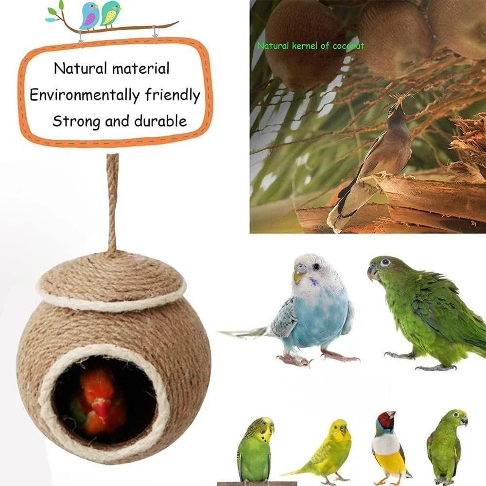 لانه پرنده از جنس پوسته نارگیل طبیعی، خانه طوطی، لانه بافته شده با طناب برای مرغ عشق، عروس هلندی، کانور، فنچ، مرغ مینا، همستر و سنجاب های کوچک، جعبه لانه سازی