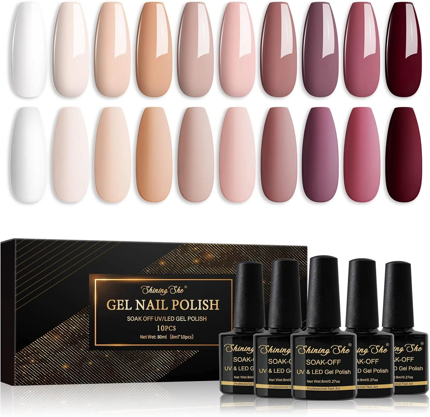 ست لاک ژل شاینینگ شی، 10 رنگ سفید بژ، صورتی کالباسی، شامپاین، قهوه ای، لاک ژل خیساندنی UV/LED، هدیه ای برای سالن های آرایشی و طراحی ناخن در خانه، 8 میلی لیتر ست لاک ژل شاینینگ شی، 10 رنگ سفید بژ، صورتی کالباسی، شامپاین، قهوه ای، لاک ژل خیساندنی UV/LED، هدیه ای برای سالن های آرایشی و طراحی ناخن در خانه، 8 میلی لیتر