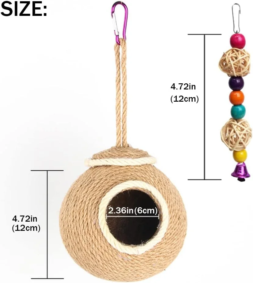 آشیانه پرنده لانه نارگیلی طبیعی، خانه طوطی، لانه بافته شده با طناب برای مرغ عشق، عروس هلندی، کانور، قناری، فنچ، مرغ مینا، همستر و سنجاب های کوچک، جعبه لانه سازی