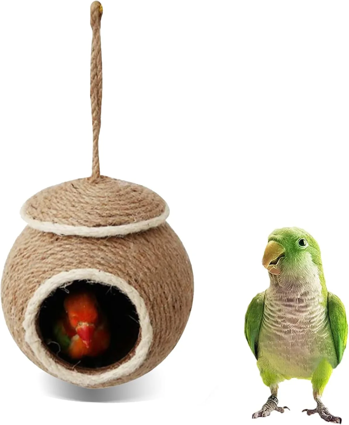 لانه پرنده از پوسته نارگیل طبیعی، خانه طوطی، لانه بافته شده با طناب برای مرغ عشق، عروس هلندی، کانور، فنچ، مرغ مینا، همستر و سنجاب های کوچک، جعبه لانه سازی