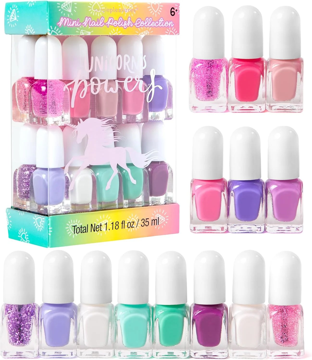 ست لاک ناخن 14 تکه کودکانه SIMPLE PLEASURES برای دختران 7 تا 12 سال، فرمولاسیون غیر سمی بر پایه آب، با تم بهاری ست لاک ناخن 14 تکه کودکانه SIMPLE PLEASURES برای دختران 7 تا 12 سال، فرمولاسیون غیر سمی بر پایه آب، با تم بهاری