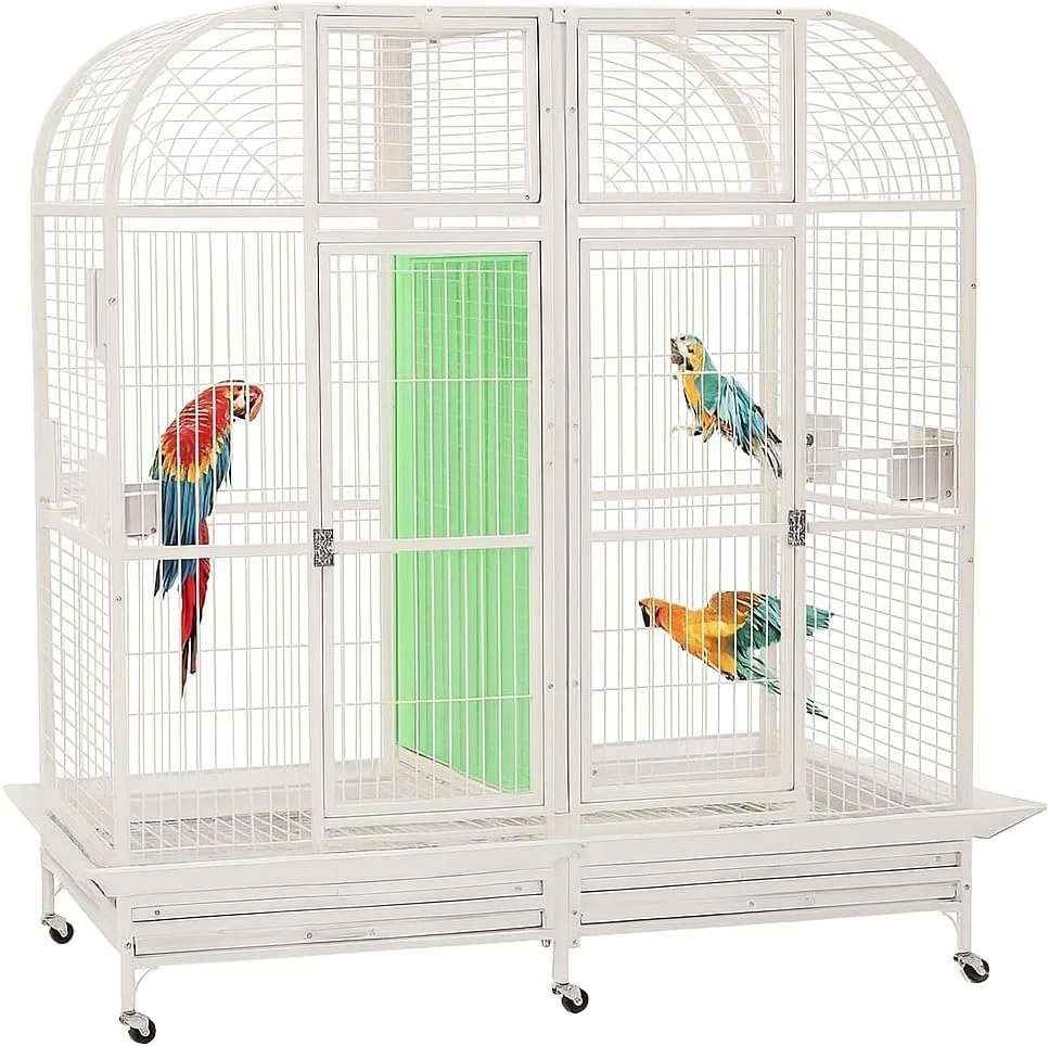قفس بزرگ پرندگان مناسب برای استفاده در داخل و خارج از خانه | قفس طوطی | خانه پرنده فلزی سفید با پارتیشن مقاوم با میله های نشیمن، کاسه های غذا، قفل درب ایمن، سینی قابل جابجایی و چرخ های جهانی 180 سانتی متر