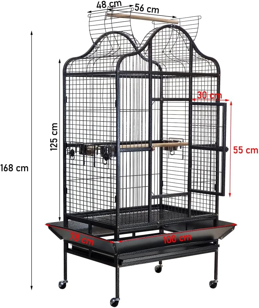 قفس بزرگ پرنده با طراحی سقف باز، کاسه های غذا، میله های چوبی، محافظ دانه، سینی کشویی و چرخ های جهانی، قفس پرنده فلزی محکم برای طوطی ها، عروس هلندی، مونتاژ آسان، 168 سانتی متر (مشکی)