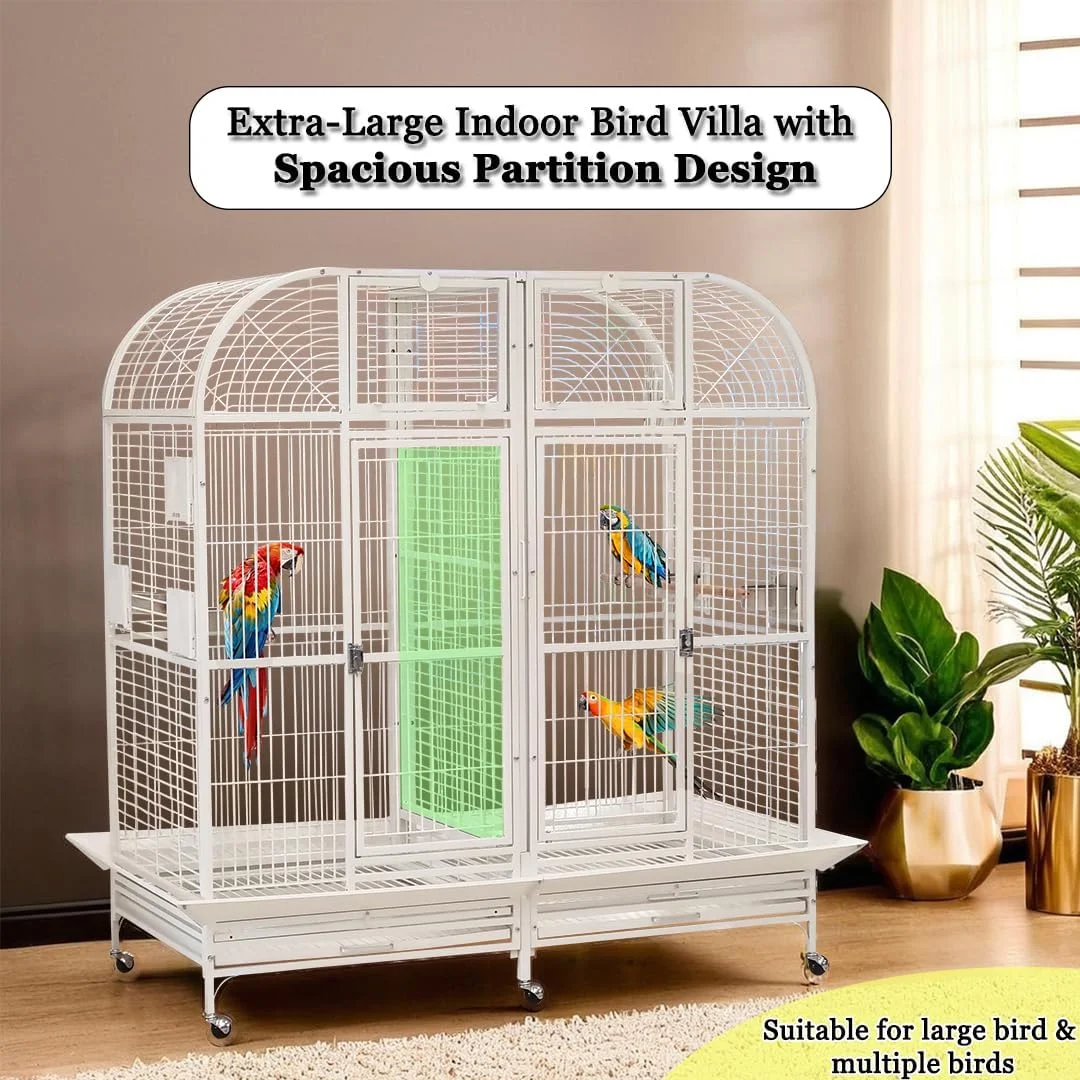 قفس بزرگ پرندگان مناسب برای استفاده در داخل و خارج از خانه | قفس طوطی | خانه پرنده فلزی سفید با پارتیشن مقاوم با میله های نشیمن، کاسه های غذا، قفل درب ایمن، سینی قابل جابجایی و چرخ های جهانی 180 سانتی متر
