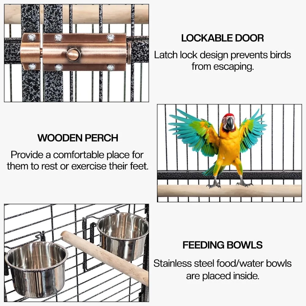 قفس بزرگ پرنده با طراحی سقف باز، کاسه های غذا، میله های چوبی، محافظ دانه، سینی کشویی و چرخ های جهانی، قفس پرنده فلزی محکم برای طوطی ها، عروس هلندی، مونتاژ آسان، 168 سانتی متر (مشکی)