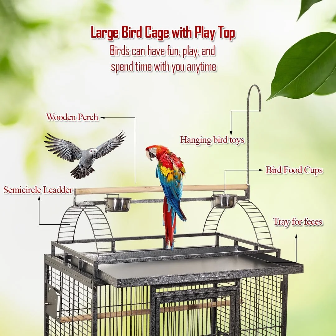 قفس بزرگ پرندگان ان ان سی پتز مناسب فضای داخلی با طراحی سقف باز - دارای میله های متعدد، کاسه های غذای پلاستیکی، سینی کشویی و چرخ های جهانی، قفس فلزی برای طوطی، قناری و مرغ عشق (مشکی، خیلی بزرگ)