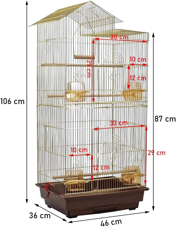 قفس پرنده فلزی - خانه و ویلای طلایی پرنده با چندین میله نشیمن - فنجان های غذاخوری، دسته قابل حمل، سینی قابل جابجایی، طراحی سقف خانه - قفس طوطی، مرغ عشق، ماکائو - پرندگان کوچک تا متوسط ​​، 106 سانتی متر