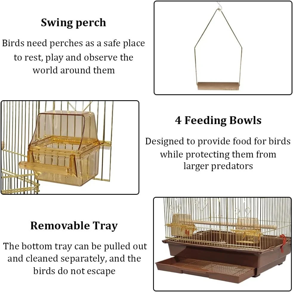 قفس پرنده فلزی - خانه و ویلای طلایی پرنده با چندین میله نشیمن - فنجان های غذاخوری، دسته قابل حمل، سینی قابل جابجایی، طراحی سقف خانه - قفس طوطی، مرغ عشق، ماکائو - پرندگان کوچک تا متوسط ​​، 106 سانتی متر