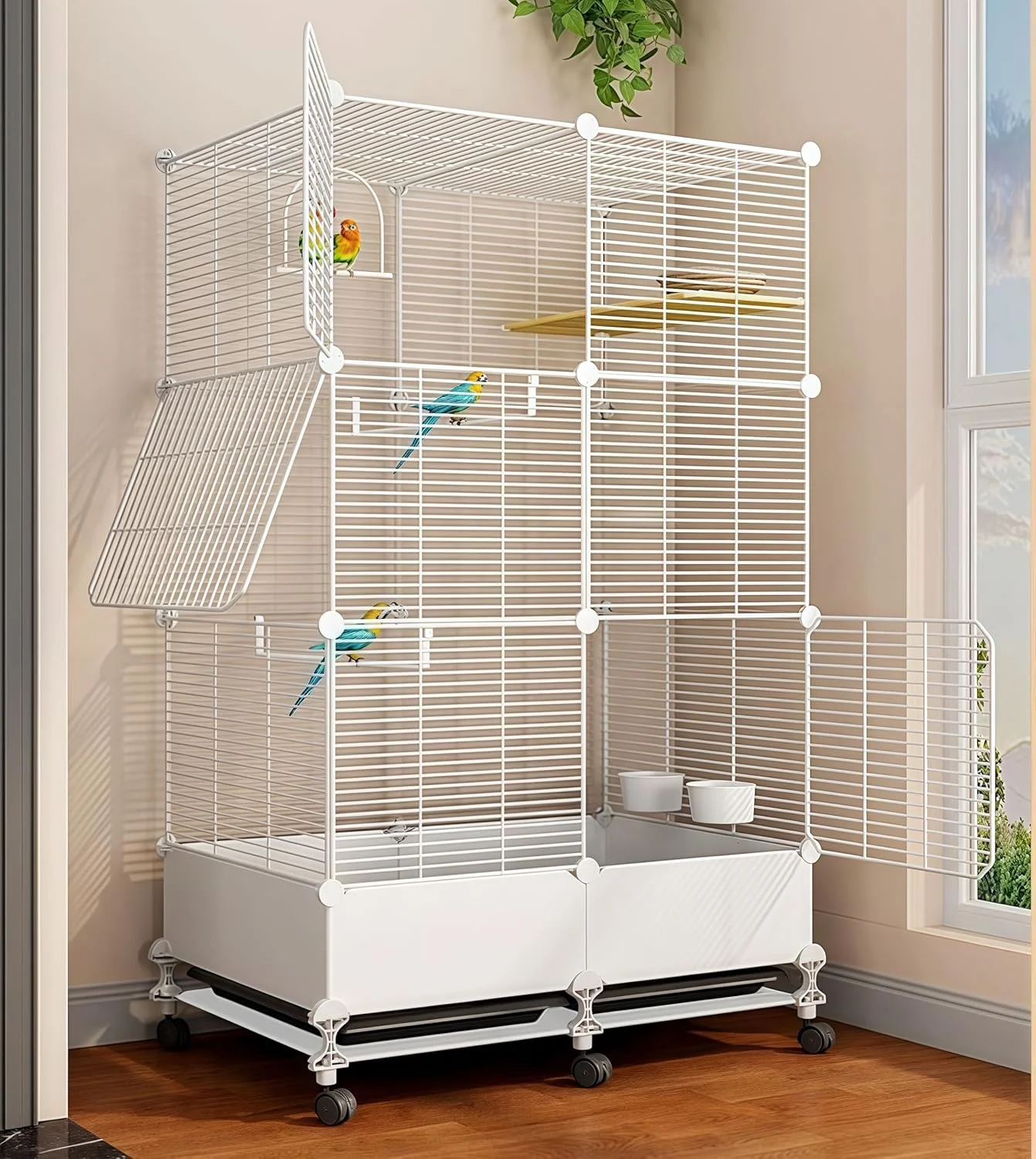 قفس پرنده MissTiara مناسب برای مرغ عشق، طوطی برزیلی، عروس هلندی، باجریگار، فنچ، مرغ مینا، قناری و سایر پرندگان خانگی، ضد پاشش غذا، نصب و تمیز کردن آسان، دارای لوازم جانبی (سفید)