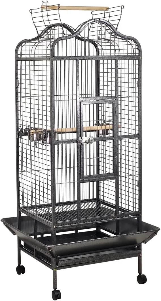 قفس پرنده ماجیباو برای پرندگان کوچک تا متوسط، قفس پرنده فلزی بادوام با طراحی سقف باز، کاسه های غذا، نشیمنگاه های چوبی، سینی قابل جابجایی و چرخ های جهانی 172 سانتی متر (مشکی)